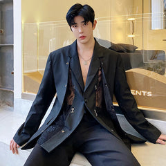 Voguable 2024 Spring Niche Designer Splicing Lace Blazer Outerwear Men's High Street Elegant Original Fashion Suit Jacket voguable
