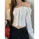 Voguable White Lace Up Cropped Women Shirts Lace Slash Neck Off Shoulder Flare Sleeve Korean Fashion Blouses Slim Aesthetic Chic voguable