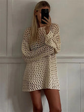 Voguable Sexy Hollow Out Knit Cover Up Dress For Women See-Through Loose Beach Holiday Mini Dress Summer Splice Knitwear Cover up lollapalooza outfit spring outfits voguable