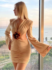 Sexy Deep V 3D Flower Women's Dress Bodycon Hollow Out Backless Long Sleeve Folds Female Mini Dress Party Club voguable