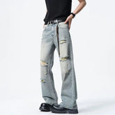 Men Straight Leg Vintage Blue Washed Denim Jeans Casual Ripped Distressed Trousers Classic Retro Style Comfortable Streetwear voguable