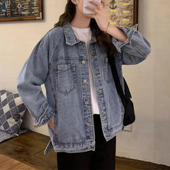 Vintag Distressed Autumn New Denim Jackets Women Lapel Solid Pockets Button High Street Long Sleeve Loose Short Cowboy Coats Top voguable