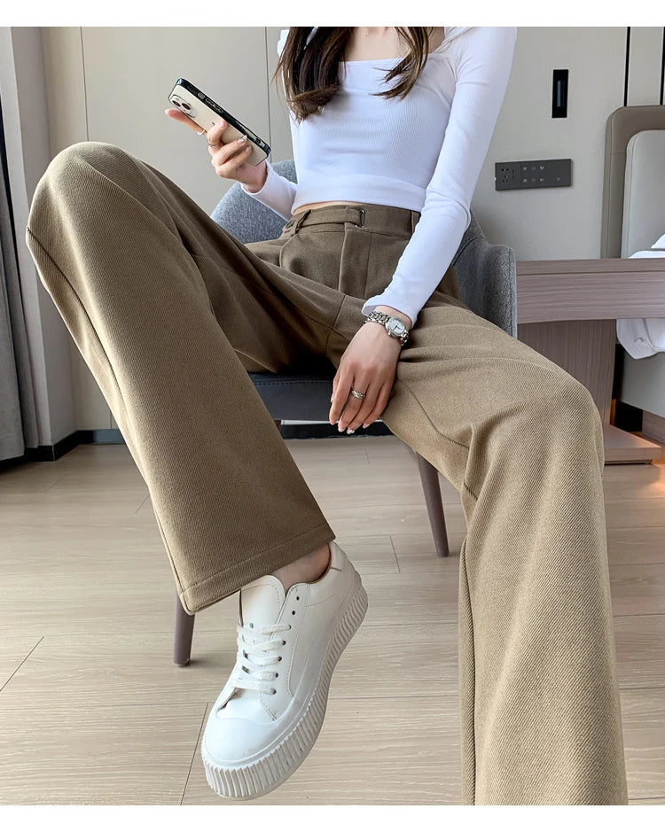 Voguable Winter Thick Loose Casual Female Wide Leg Pants Pure Color Chic Buttons Straight Slim Fashion Women Pants Black Apricot voguable