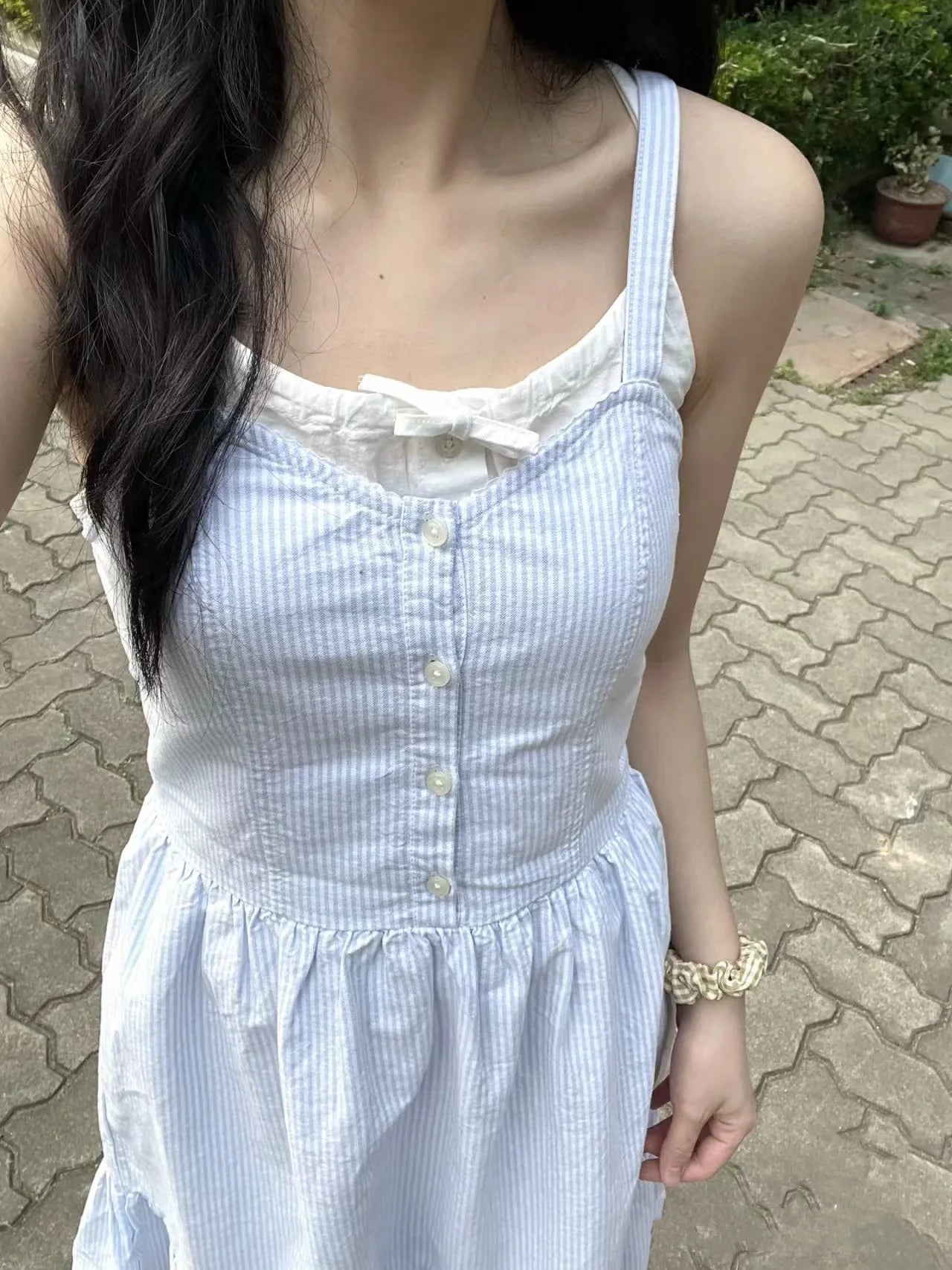 Voguable Vintage Girls Y2K Sweet Slim Striped Mini Dress 2024 Fashion Ladies Soft Cotton Cute Strapped Dresses for Women Chic Outfits voguable