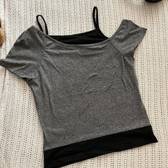 Y2k Slim Fit Print Tops Women Off Shoulder Short Sleeve Tee Shirt Neploe American Vintage Fake Two Piece Halter Lace Up T-shirts voguable