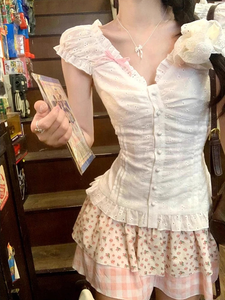 Voguable Japanese Sweet Kawaii Print 2 Piece Set Women Patchwork Lace Cute Skirt Suit Female White Bow Tops + Plaid Mini Skirt Sets 2024 voguable