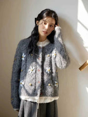 Elegant Floral Gray Cardigan Women Lazy Wind Long Sleeve Sweet Knitted Sweaters Vintage Japan Casual O Neck Female Retro Tops voguable