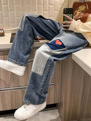 Voguable Harajuku Wide Leg Baggy Cargo Jeans Pants Men Heart Oversize Straight Casual Denim Long Trousers Streetwear Vintage Y2k Hip Hop voguable