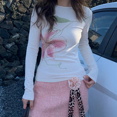 Fairy Coquette Top Women y2k Clothing Rhinestone Floral Print Round Neck Long Sleeve T Shirts 2000s Clothes Streetwear voguable