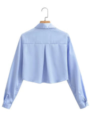 Voguable New Fashion Women Solid Cropped Satin Shirt Vintage Long Sleeve Front Button Female Blouse High Street Chic Tops voguable