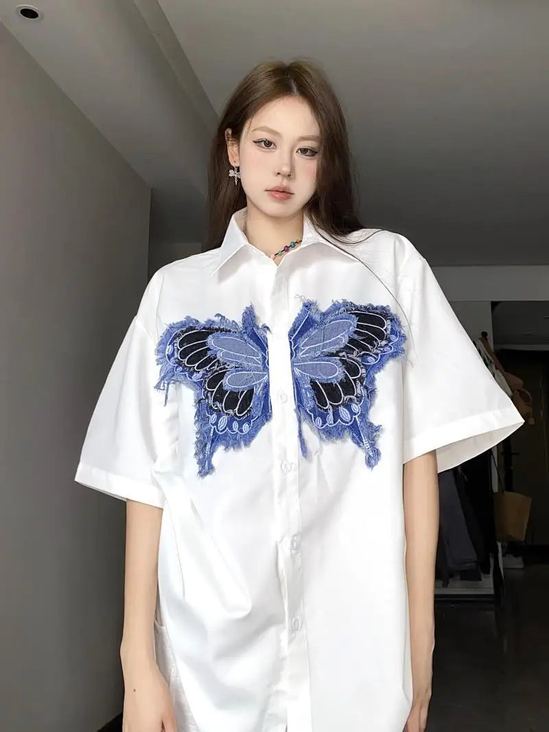 Unisex Hip Hop Shirt Large Size Three-dimensional Butterfly Design Half-sleeved Shirt Niche Casual Loose Versatile Shirt Jacket voguable