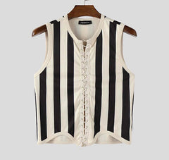 Men Tank Tops Striped Lace Up Sleeveless Summer Knitted Male Vests Streetwear Hollow Out Sexy Fashion Unisex Crop Tops INCERUN voguable