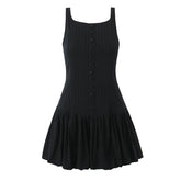 Sexy Backless Sleeveless Short Dress Women Front Button A-line Mini Summer Dresses Elegant Female Holiday Cotton Robe