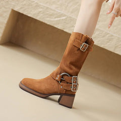 Women Mid-Calf Boots Cow Suede Leather Thick Heels Retro Square Toe Mature Office Lady Buckle Shoes Woman Autumn Winter Boots voguable