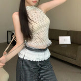Voguable 2024 Summer New Streetwear Polka Dot Lace Patchwork Sexy Camisole Women + Contrast Color Striped Wide Leg Pants Two-piece Suit voguable