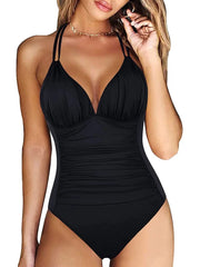 Voguable Sexy Solid Laced Up Pleated One Piece Swimsuit Women Beach Vacation Bikinis New All Season Backless One Piece Swimsuit voguable