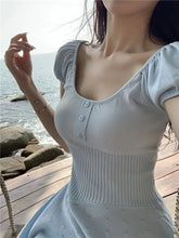 Voguable Gentle Style Sweet Beauty New Sweet and Spicy Puff Sleeve Waist-hugging Square Neck Temperament Short-sleeved Dress voguable