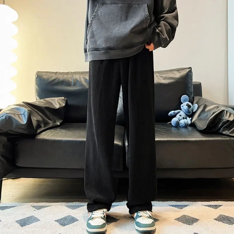 Autumn Corduroy Straight Trousers Men Loose Solid Casual Drape Trousers Harajuku Fashion Drawstring Street Wide Leg Sweatpant voguable
