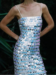 Sequined Tube Top Strap Dress Women Sexy Sleeveless Slim Solid Straight Long Vestidos Fashion Backless Slip Split Evening Robe voguable