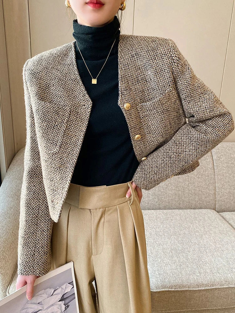 Voguable Jmprs Korean Tweed Jackets Women Elegant Simple Buttons Suit Coat Fashion Office Lady Long Sleeve Design Pockets O Neck Outwear voguable