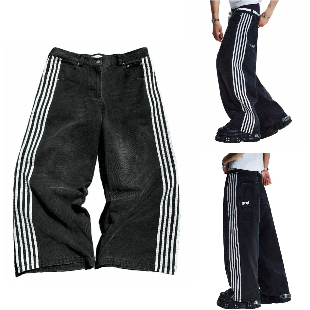 New Hip Hop Baggy Jeans Harajuku Goth Y2k Jeans for Men Black Striped Embroidered Wide Leg Denim Pants High Street Streetwear voguable
