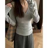 Voguable Women's V-Neck Warm Long Sleeve Top Slim Fit Autumn Winter Solid Bottoming Shirt Korean Style Women's Clothing Basic Tops Ladies voguable