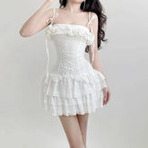 Voguable French Jacquard A-line Tiered Mini Dress Women Coquette Chic Ruffle Spaghetti Straps Layered Sundress Holiday Party voguable