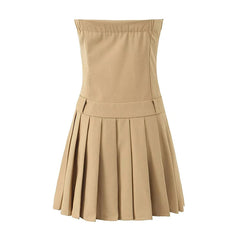 YENKYE New 2024 Women Sexy Strapless Mini Dress Slim Low Waist Pleated Hem A-line Party Robe voguable