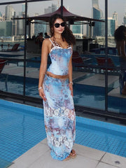 Colorful Fashion Print 2 Piece Set Women Sexy Backless Camisole+Mesh Patchwork Long Skirts Vacation Streetwear Outfits voguable
