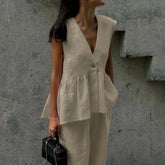 Fashion Women's Trouser Suits Sleeveless V-Neck Top Women Casual Straight Pants Sets Summer Women's Suit Commuter 2 Piece Set voguable