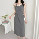 Voguable Elegant Belted Strap Dress Women's New Spring Fashion High-End Feel Waist Cinching Long Skirt French Style round Neck Short lollapalooza outfit spring outfits voguable