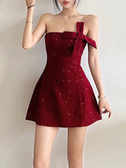 Trendix Sequins Tube Top Dress Ladies Fashion Bow Patchwork High Waist Sleeveless Mini Dress Party Sexy Off Shoulder Dress Women voguable