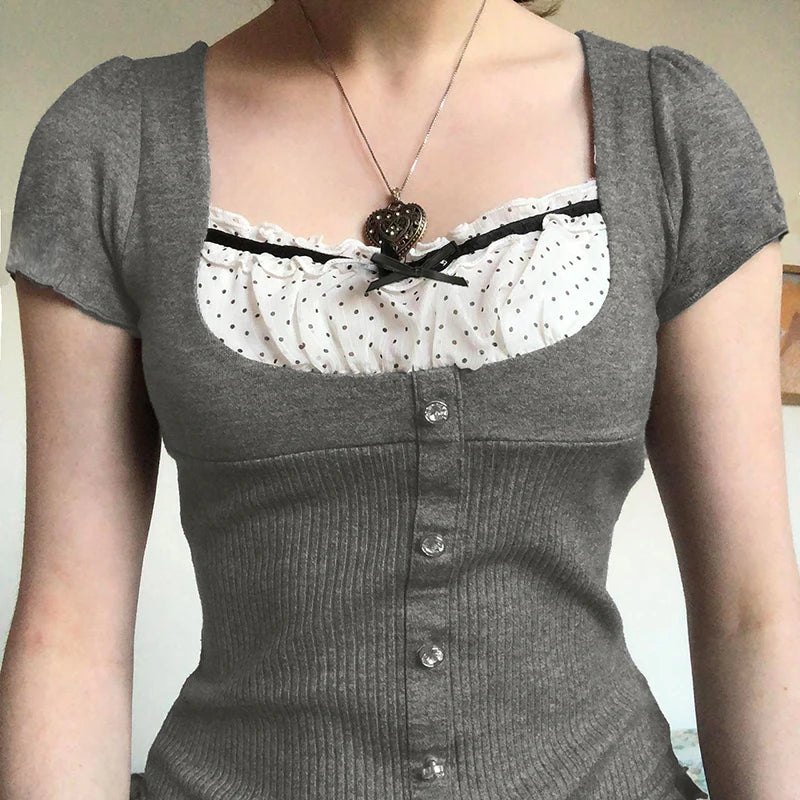 Voguable Ribbons Bow Contrast Patchwork T-shirt Y2K Aesthetic Button Up Frill Casual Basic Crop Top Kawaii Lolita Tops Cute Tees voguable