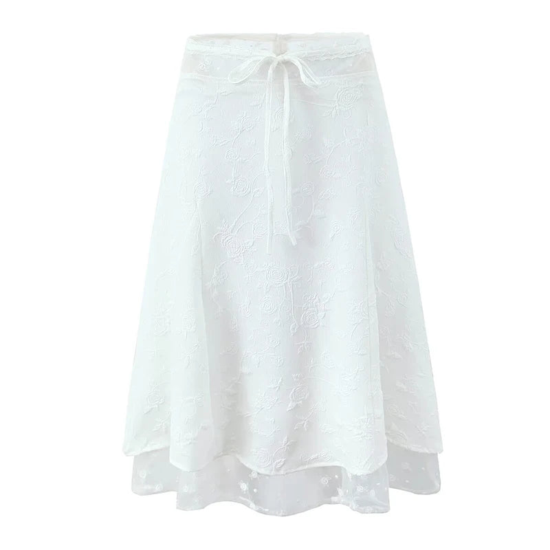 Mesh Patchwork White A-line Midi Skirt Women Back Swing Holiday Summer Skirts