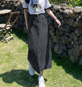 Vintage High Waist Women Denim Midi Skirt Summer Korean Thin Section Slit A Line Skirts Fashion Casual All Match Denim Skirts voguable