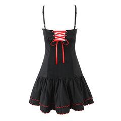 Sexy Women Floral Embroidery Spaghetti Straps Dresses Summer Female A-line Holiday Party Robe Lace Up Vestidos Black Pink