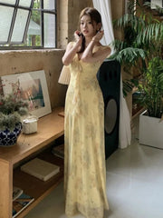 French Women's Elegant Floral Printed Dress V-Neck Slim Fit Flying Sleeve Long Dresses Vacation Holiday Sexy Travel New Vestidos voguable