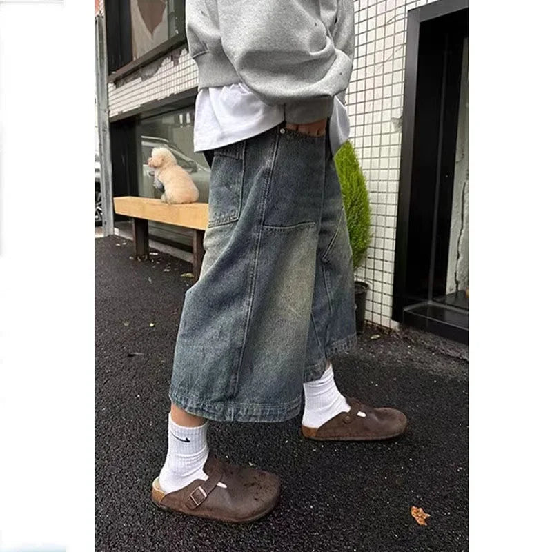 Voguable American Retro Washed High Street Jeans Shorts Men's Loose Straight Wide Leg Casual Versatile Six Seven Pants voguable