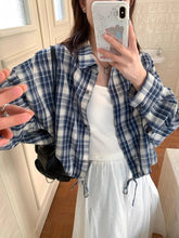 Blue Plaid Shirt for Women Autumn Korean Loose Drawstring Long Sleeve Female Tops Y2K Retro Preppy Single Breasted Blouse Ladies voguable