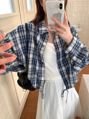 Blue Plaid Shirt for Women Autumn Korean Loose Drawstring Long Sleeve Female Tops Y2K Retro Preppy Single Breasted Blouse Ladies voguable