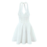 Sexy Deep V Halter White Mini Dress Women Fashion Backless A-line Elegant Party Dresses Summer Robe Lace Up Vestidos voguable