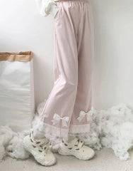 Japanese Lolita Women's Kawaii High Waist Corduroy Pants Sweet Bow Lace Wide Leg Pants Girly Harajuku Chic Loose Cute Trousers voguable