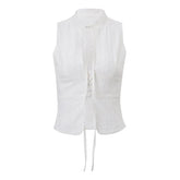 y2k Tank Top Women Summer Clothes White Flower Embroidery Mock Neck Front Cutout Sleeveless T Shirt Vest Streetwear voguable