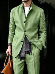 Voguable Men's Linen Blend 2 Piece Suit Set Stand Collar Three Button Breathable Casual Blazer Pants For Business Daily Wear Summer voguable