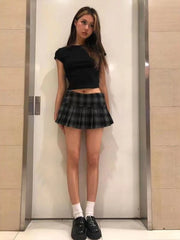 HOUZHOU Vintage Y2K Plaid Mini Skirt Women Sexy Preppy Style Low Waist Slim A-line Side Split Retro Pleated Skirt Streetwear voguable