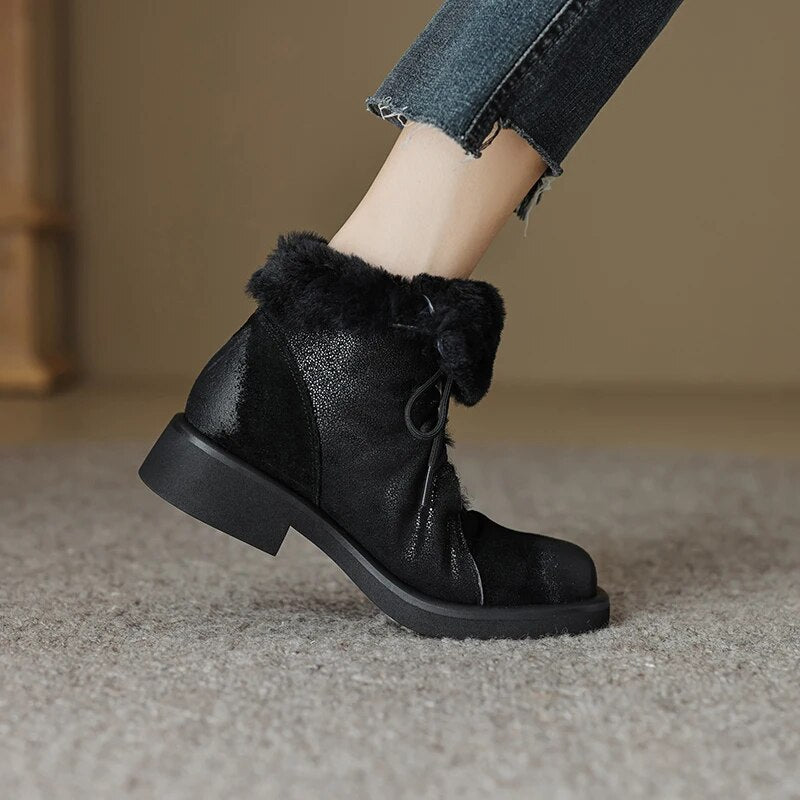 Winter New Women Ankle Boots Thick High Heels Warm Wool Snow Boots Genuine Leather Cross-Tied Popular Shoes Woman Casual voguable