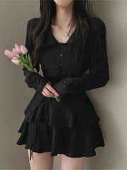 Voguable Harajuku Simple Fashion Skirts Set Women French Solid Chic Top Shirts + Mini Cake Skirt Office Korean Design Casual 2 Piece Sets voguable