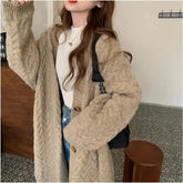 Midi Thicken Jacquard Sweater Coat Women's Clothing Autumn Winter New Vintage Solid Color Loose Knitted Ingle-breasted Cardigans voguable