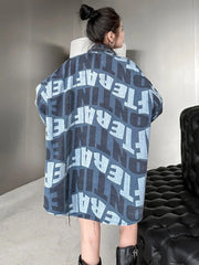 Loose Fit Blue Letter Printed Denim Big Size Jacket New Lapel Long Sleeve Women Coat Fashion Spring Autumn voguable