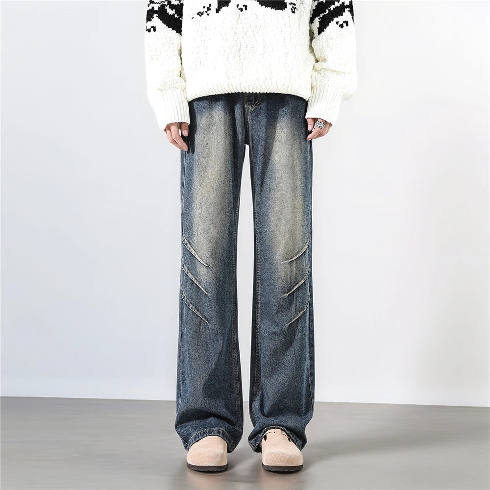 Straight Washed Jeans mens Crinkle Design Denim Pants Wholesale Trendy Fashion Casual Trousers Men Women Streetwear Style voguable